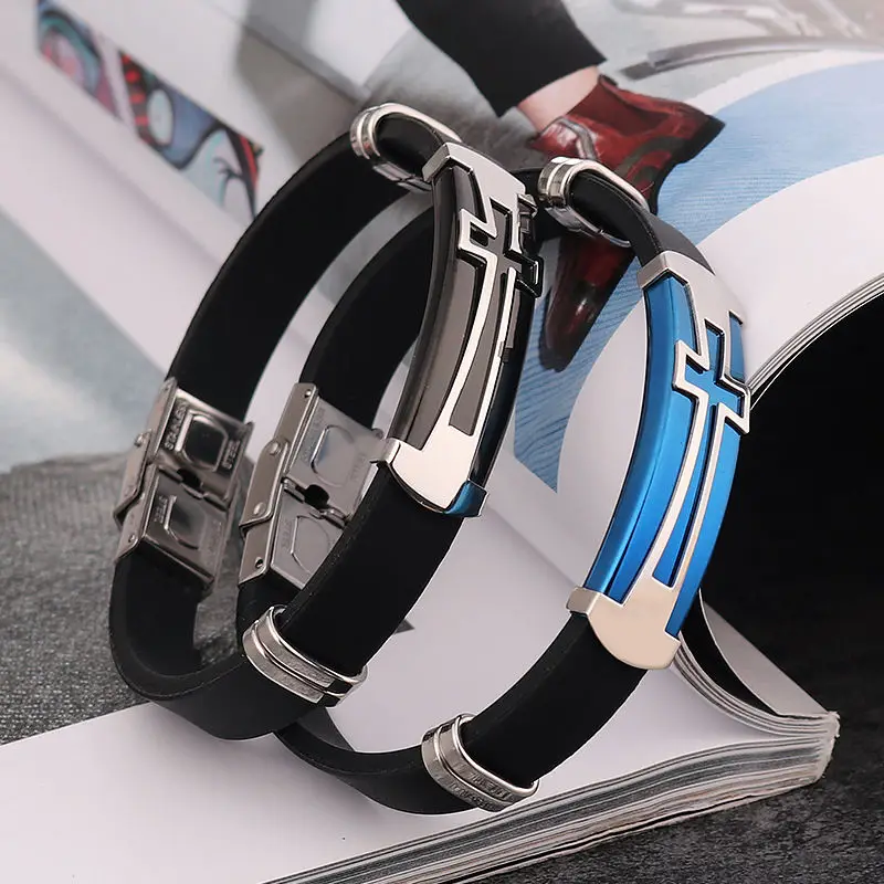 1 PC Fashion Titanium Steel Bracelet Black &amp Blue Silica Cross Pattern Trendy Jewelry Men Friends Lovers Personality Gift | Украшения и