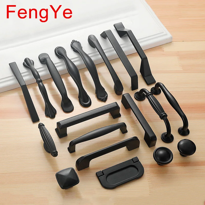 FengYe النمط الأمريكي الأسود المقابض مجلس الوزراء باب المطبخ أثاث الألومنيوم مقابض خزانة مضمد خزانة الأحذية مربع سحب هاردوار