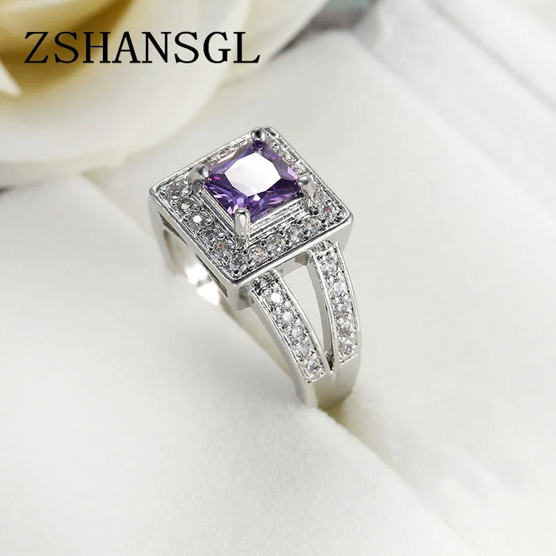 925 пробы Серебряное кольцо на палец для леди, проложенное фиолетовым фианитом, роскошное популярное Женское Обручальное Кольцо принцессы, фиолетовое ювелирное изделие