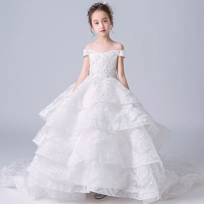 Luxury Trails Ball Gown White Princess Dress Long Flower Girl Dress Lace Tulle Girls Pageant Gown First Communion Dresses AA03 Luxury Trails Ball Gown White Princess Dress Long Flower Girl Dress Lace Tulle Girls Pageant Gown First Communion Dresses AA03