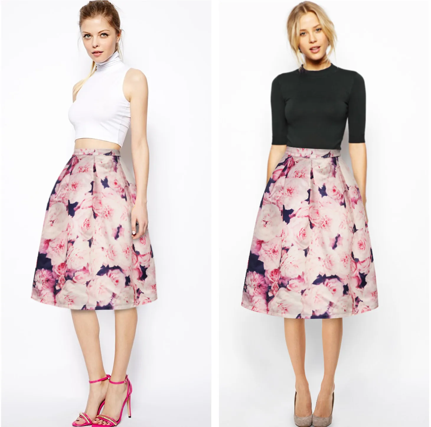 Pink Peach Floral Female Tennis Skater Skirts Sports Spring Rose Print