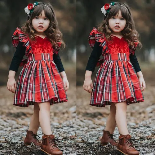 

New Kid Girl Flying Sleeve Plaid Bowknot Princess Tutu Dress Clothes Toddler Kid Baby Girls Plaids Xmas Princess Dress Clothes