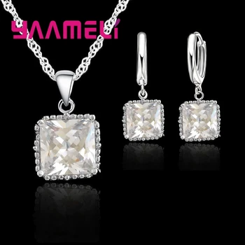 

Sparkling Square Charms Pendant Necklace Earrings 925 Sterling Silver 5A Cubic Zircon CZ Stones Women Gift Jewelry