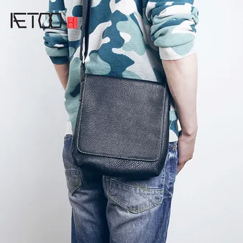 

AETOO Men's leather single shoulder bag cowhide crossbody bag Casual Korean package flip bag