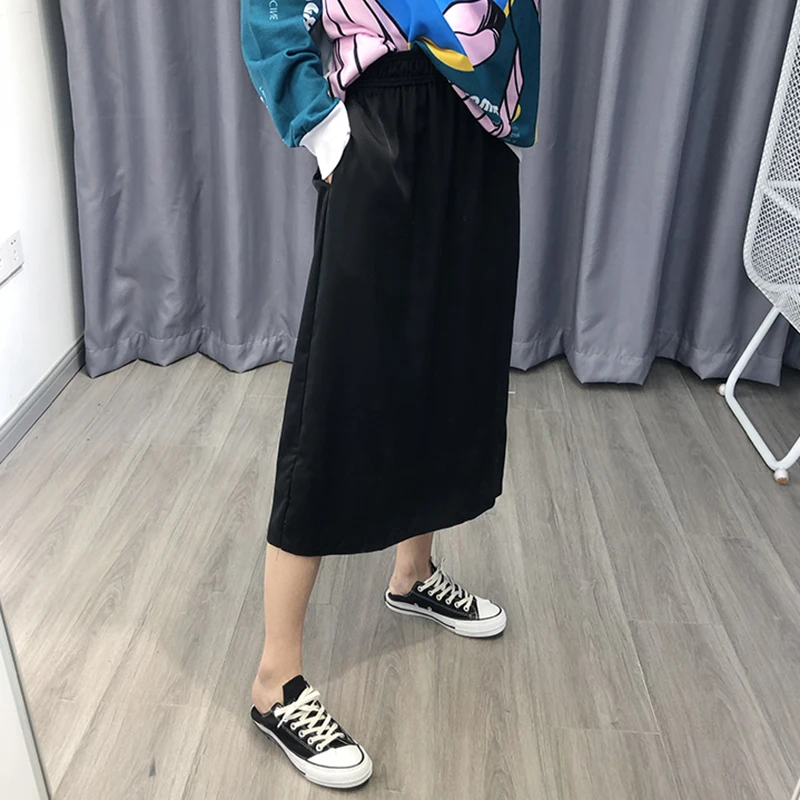 

BIAORUINA Women Black Solid Casual Long Skirt Female Elastic High Waist Fashion A-line Skirt Ladies Loose Wide Leg Skirts