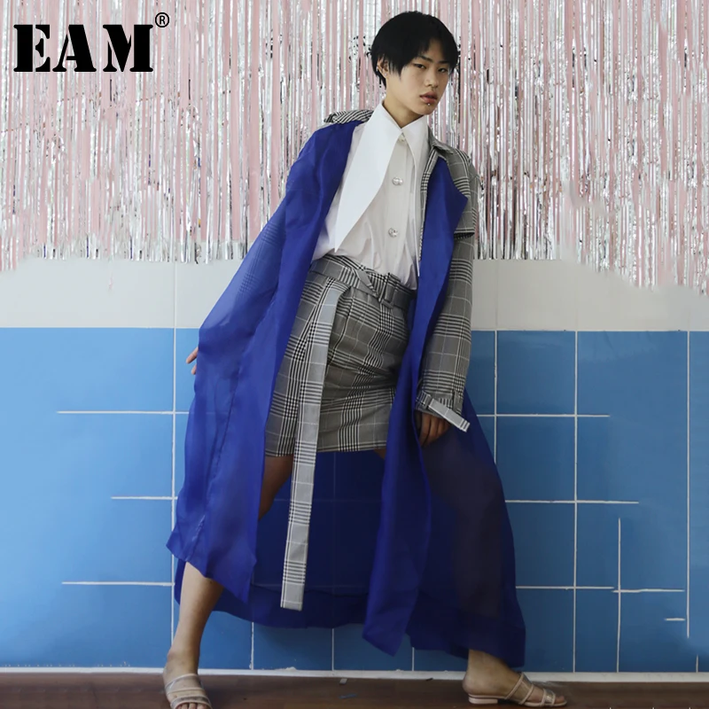 

[EAM] High Quality 2019 Autumn Transparent Organza Spliced Plaid Loose Lace Up Long Section Coat Fashion New Women's LA405