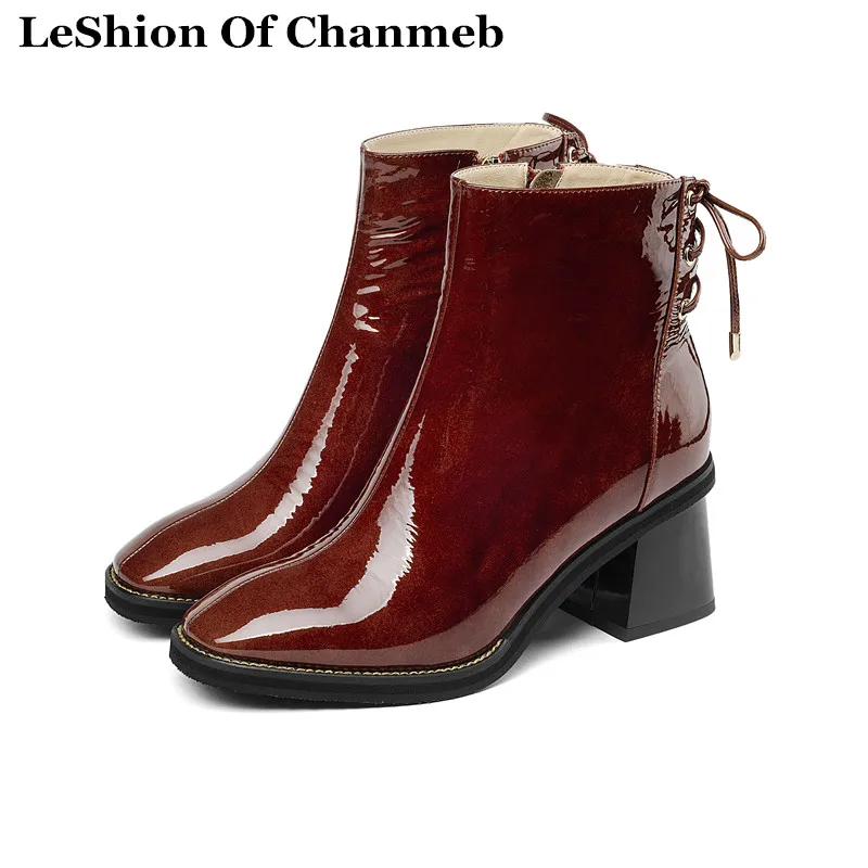 

EUR Size 33-43 Thick Square Medium Heel Ankle Boots Women Lace up Zipper Black Red Chelsea Boots Ladies Winter Warm Booties Shoe