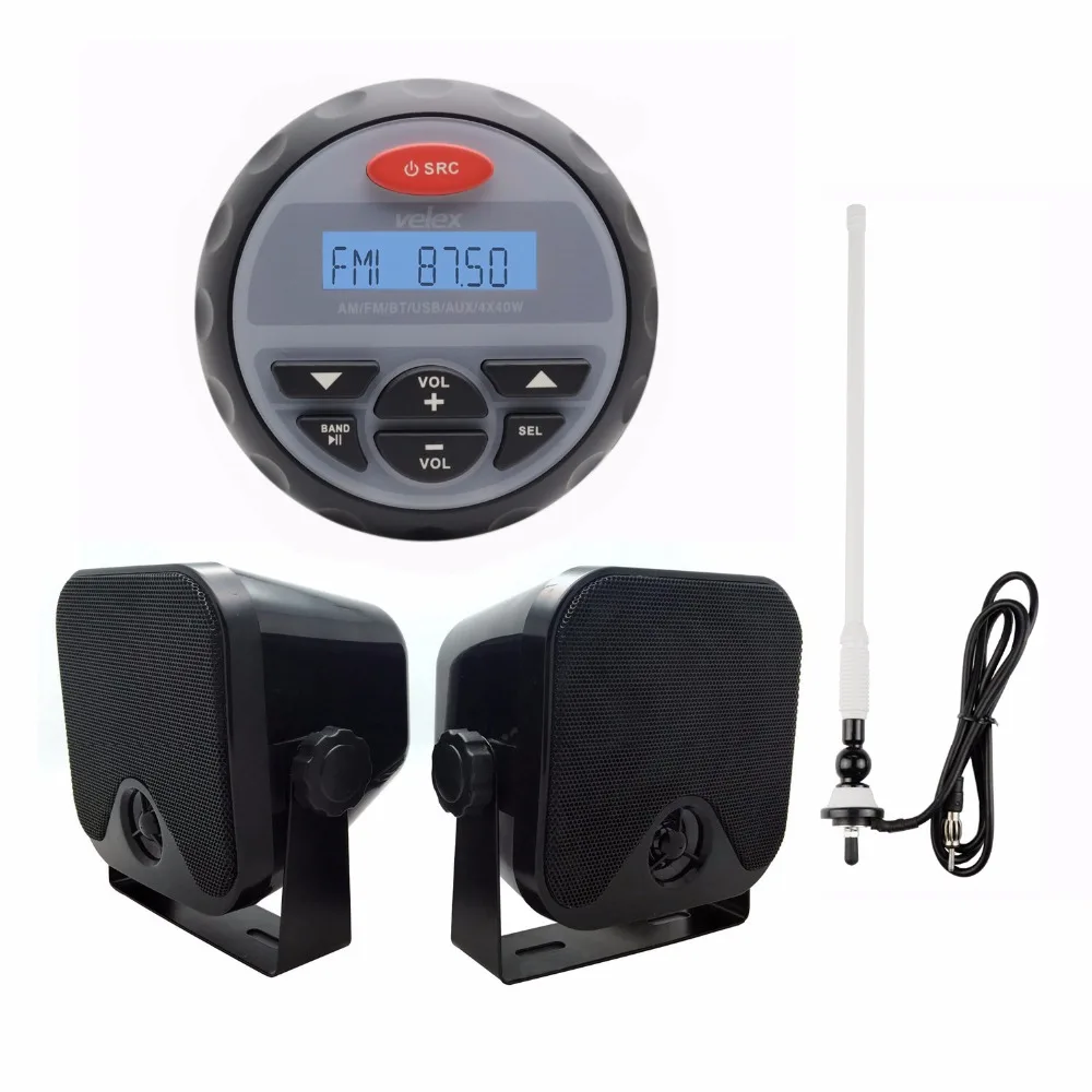 

4.5" Waterproof Marine Gauge Radio FM AM Audio Bluetooth Stereo+4" Heavy Duty Waterproof Marine Box Speakers +FM AM Antenna