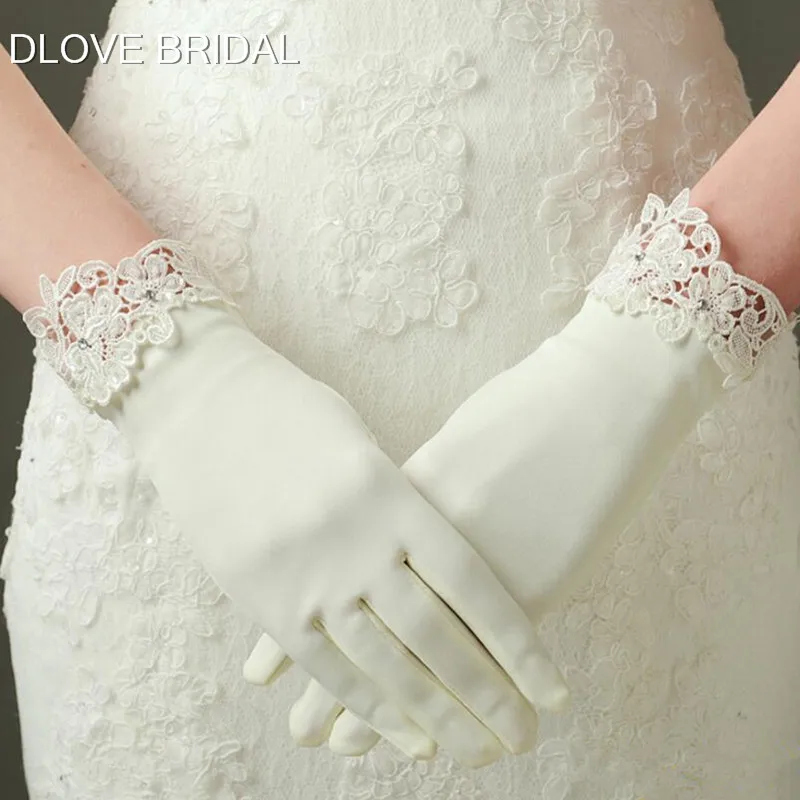 Матовые атласные свадебные перчатки цвета слоновой кости короткие кружевные свадебные аксессуары вечерние перчатки длиной до запястья
