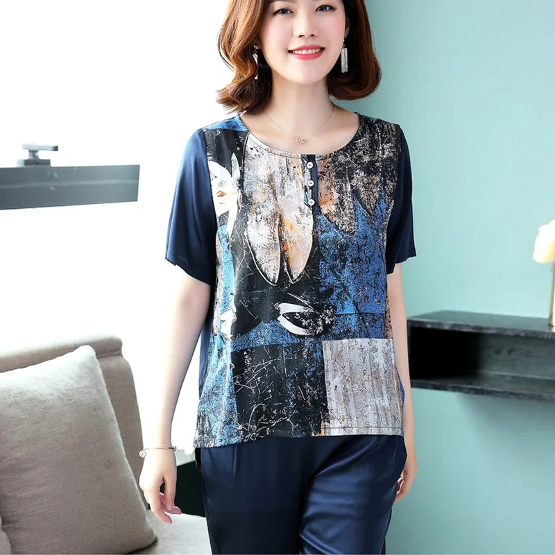 

Fashion two piece set short sleeve top and Calf-Length Pants summer print blue casual Comfortable loose middle aged women sets