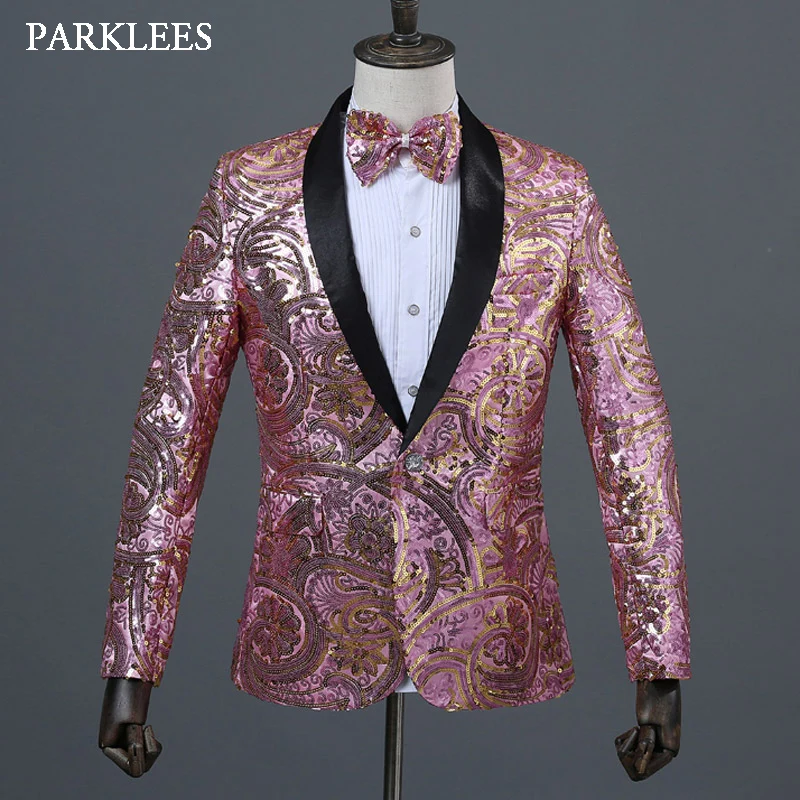 Shiny Floral Sequins Glitter Blazer Men Slim Fit Shawl Collar Mens Pink