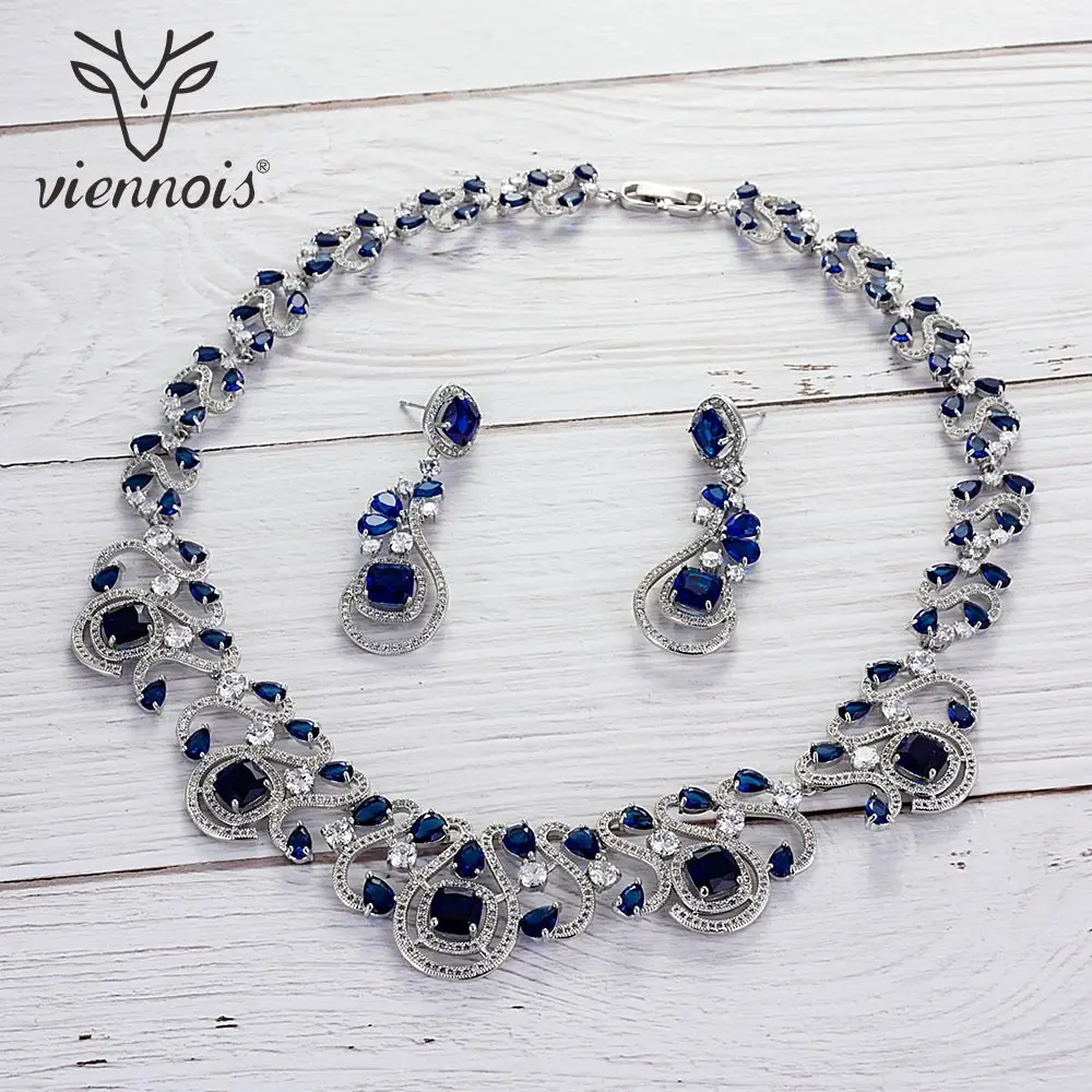 

Viennois Green / Bule / White / Red Color Cubic Zirconia Dangle Earrings Necklace Set For Women Wedding Jewelry Set 2019