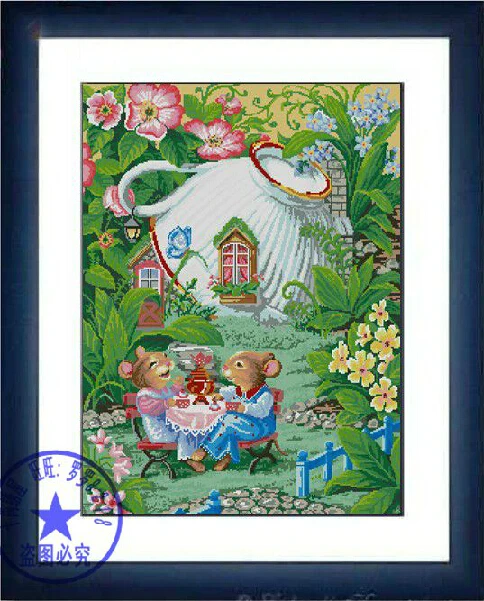 

counted cross stitch kit two mouse mice in the garden teacup house tea Alice in wonderland