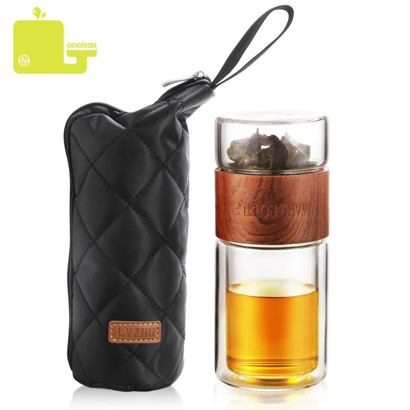 Online Oneisall botella de agua de vidrio de 200ml con bolsa de alta borosilicato doble té botella de agua infusión vaso Drinkware botellas inteligentes