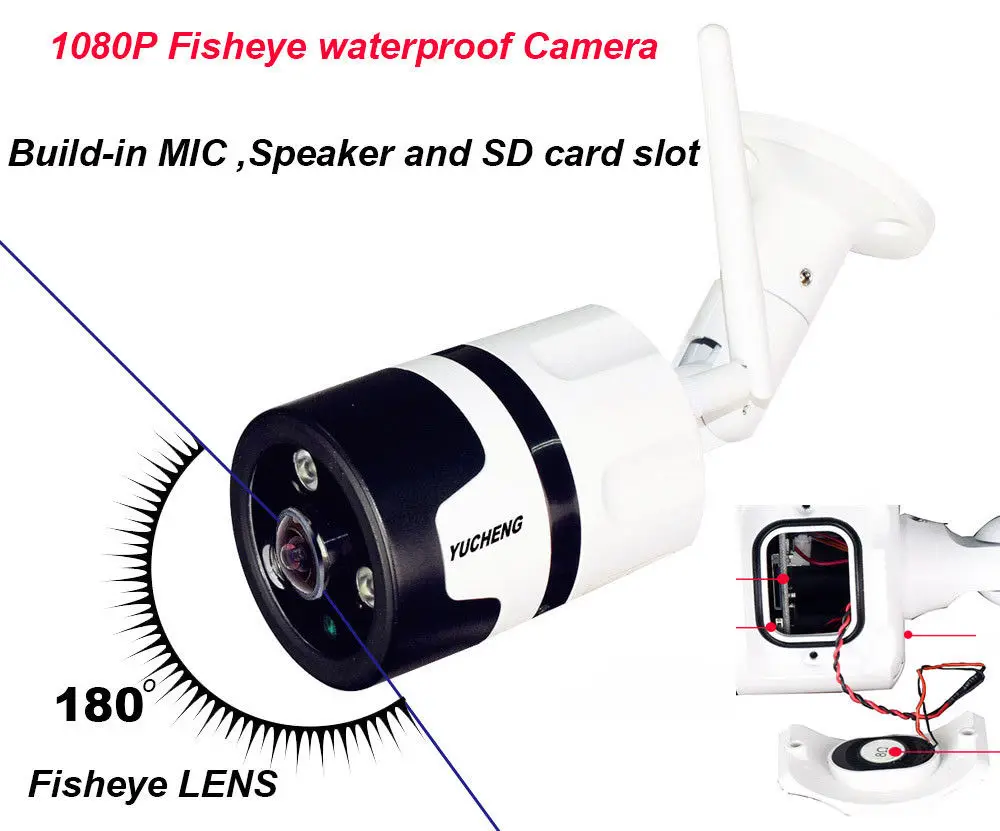 Беспроводной 1080 P 2.0MP 180 Широкий формат fisheye Открытый ip камеры аудио I/O SD карты |