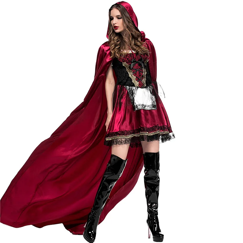 Красный костюм для верховой езды с капюшоном для взрослых женщин, фантазийный Вечерние платья на Хэллоуин, карнавальный сказочный костюм, платье для девочек больших размеров