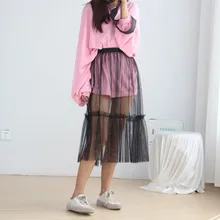 Корейская Горячая Женская Сексуальная кружевная сетка Лоскутная многослойная миди юбка Женская Повседневная элегантная открытая Русалка плиссированная юбка