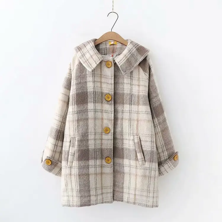 Woolen coat retro student plaid peter pan collar coat women jacket mori