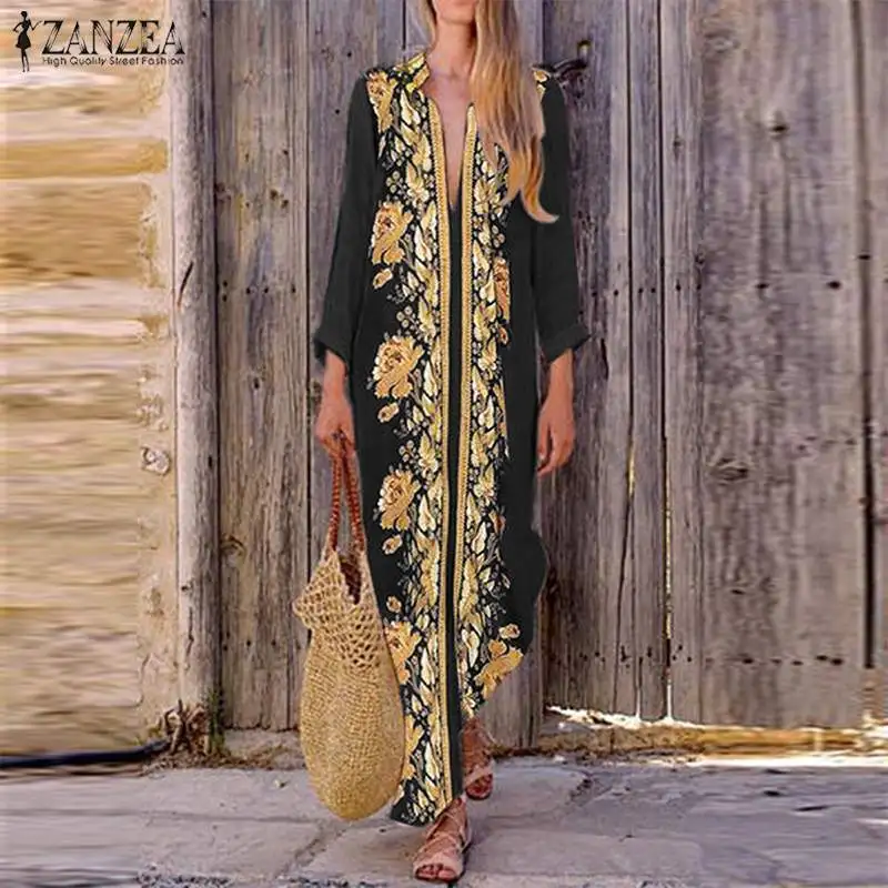 

Summer Dress ZANZEA 2019 Women Split Party Sundress Casual V Neck Long Sleeve Bohemian Printed Long Maxi Vestidos Female Robe