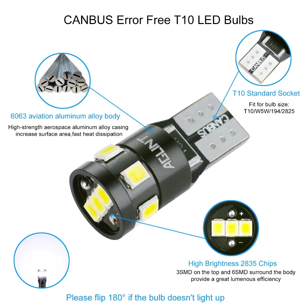 AGLINT 10 шт. T10 5w5 Led Canbus Нет ошибки для W5W 194 168 2825 9-SMD 2835 для автомобиля Купол Карта двери багажника номерного знака огни белый