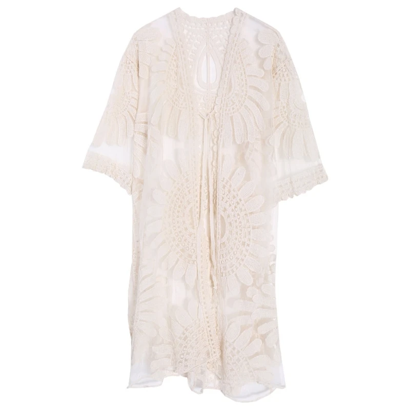 Sheer Lace Tie Front Kimono Cover Up In APRICOT