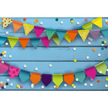 

Blue Wooden Board With Colourful Spots Photography Background Cartoon Pennants And Five-corner Flag Backdrop For Baby Shower