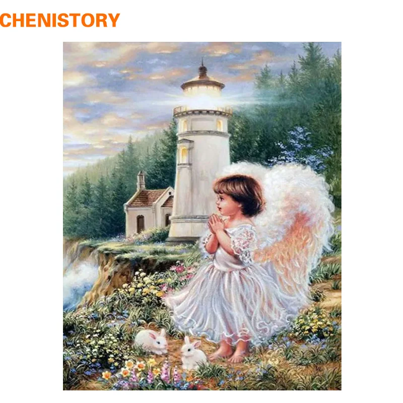 

CHENISTORY Lighthouse Angel DIY Painting By Numbers Wall Art Figure Paint Home Decor For Living Room Unique Gift 40x50cm Artwork