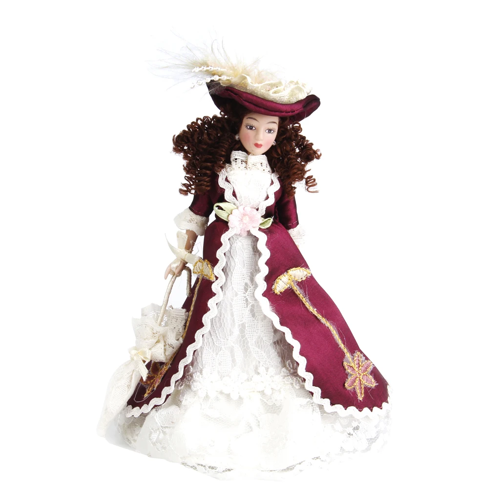 

1/12 Dollhouse Miniature Porcelain Dolls Classical Lady Wear White&Purple Lace Evening Party Dress with Hat Dollhouse Decoration