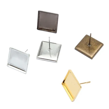 

50pcs/lot 12mm Square Stud Earrings Setting Cabochon Base Blank Tray For 12mm Square Glass Cabochon Cameo DIY Ear Jewelry