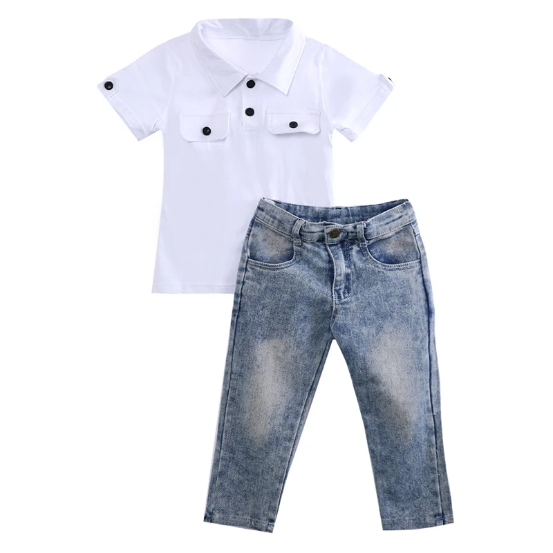 Hot Kids Boys Summer Clothes Set Newborn Baby Boy White Top Short Sleeve T Shirt+Denim Pants Trousers 2PCS 2017 New Outfits 2-7Y