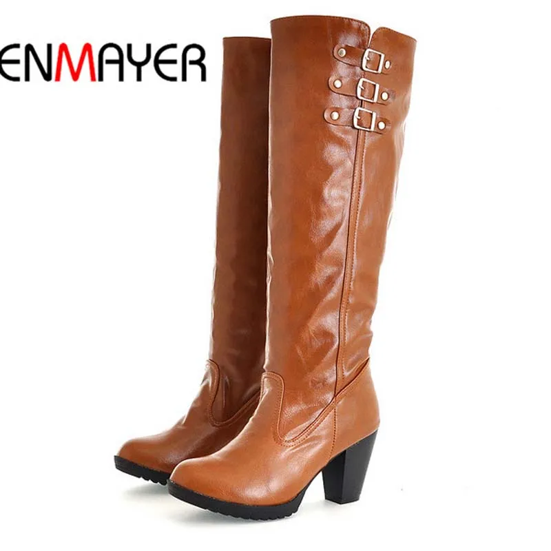 

ENMAYER Black Brown Beige Yellow Knight Boots For Women New Hot Round Toe Square heel High Boots Spring Autumn Knee-High Boots