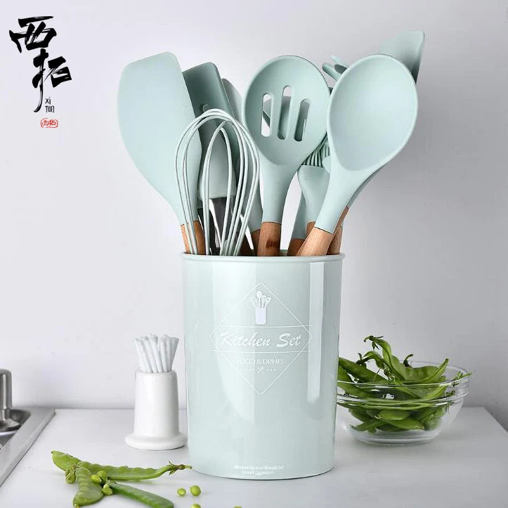 

XITUO Advanced silicone wooden handle 12 piece set cooking tool set kitchen chef set with storage box spatula spoon silica gel