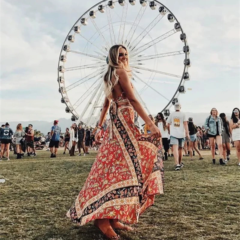 

2018 Maxi Long Dresses Covers Backless Floral Print Split Beach Dress Vintage Gypsy Boho Chic Women Dress Vestidos Drop Shipped