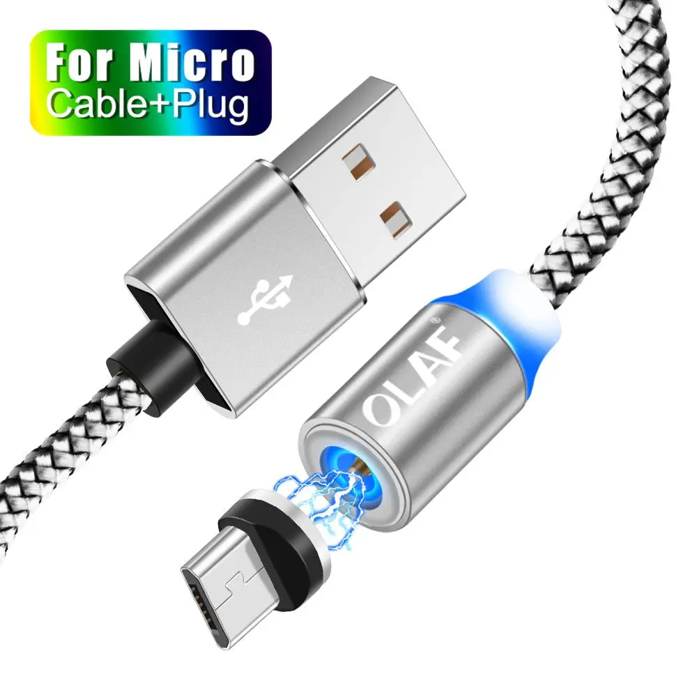 OLAF 2 м светодиодный магнитный USB кабель для iPhone Xs Max 8 7 6 usb type C кабель и оплетка Micro USB кабель для samsung Xiaomi huawei USB C - Цвет: Micro Cable Silver