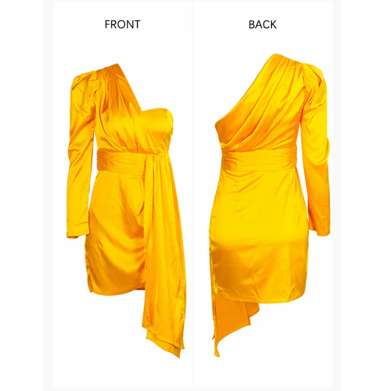 

2019 Summer Fashion One-Shoulder Puff Sleeve Ribbon Decoration Gold Party Dress Sexy Long Sleeve Satin Yellow Dress Club Vestido