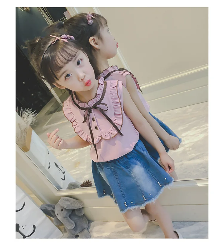 kids girls bowknot ribbon sleeveless shirts  denim short skirts girls clothes suits sets 13-1