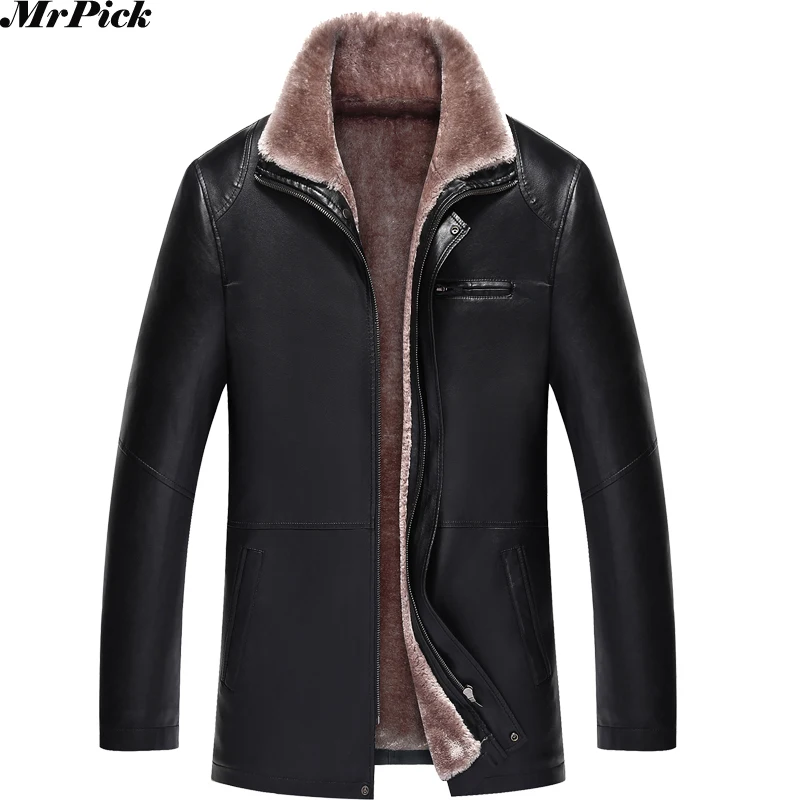 New Winter Warm 20 Degree Russia Men PU Leather Coats Fur Inside Snow