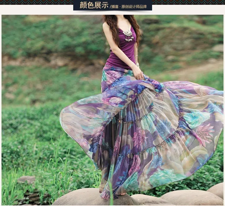 Элегантная шифоновая юбка макси с цветочным принтом Летняя женская плиссированная длинная юбка в стиле бохо с высокой талией Saias Longas
