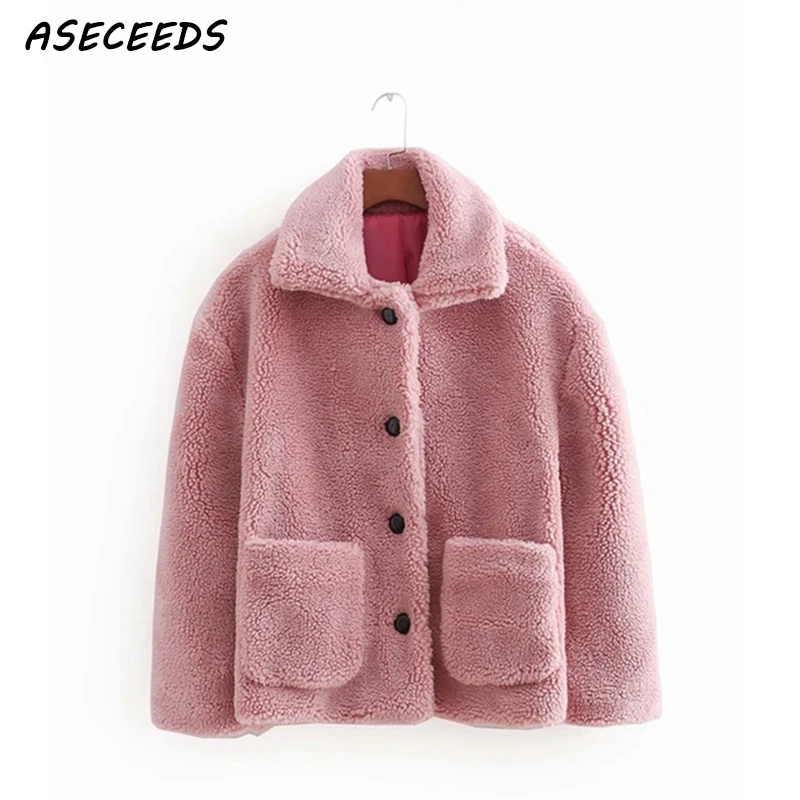 Faux lambswool pink fall jacket coats and jackets women