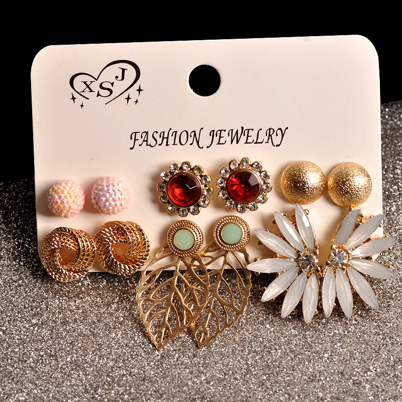 

New fashion women jewelry wholesale ladies party pearl pink red style mashup gorgeous 6 pairs /set earrings gift free shipping