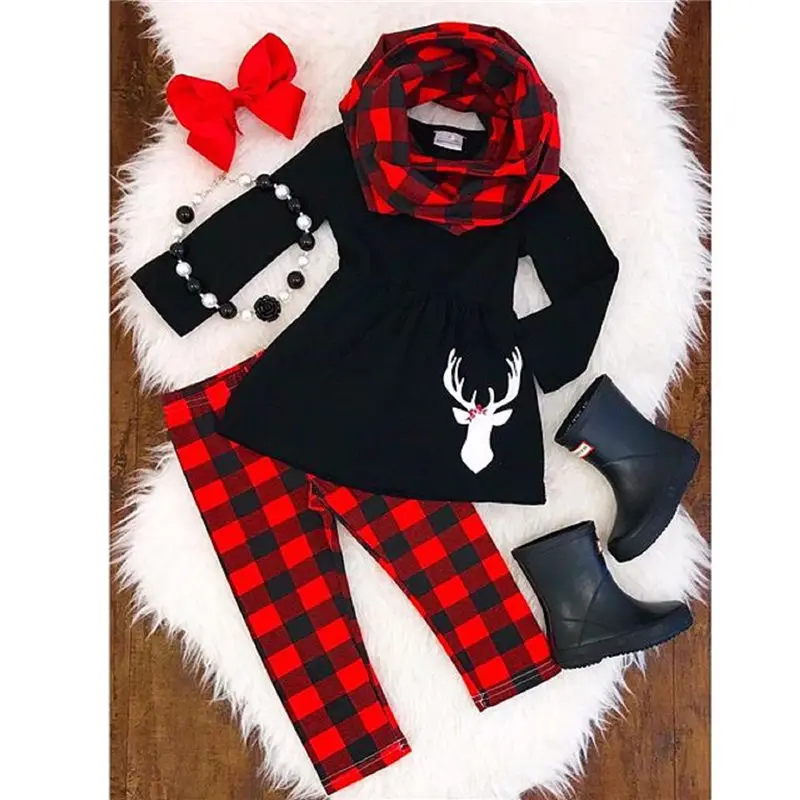 

Emmababy Kids Newborn Baby Girl Deer Tops Dress+Plaid Pants+Headband Outfits Clothes