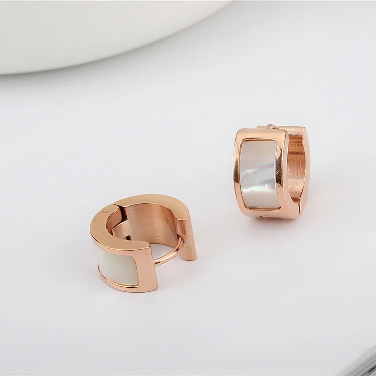 

YUN RUO Rose Gold Color White Shell Semicircle Hoop Earrings for Woman Girl Not Allergy 316L Stainless Steel Fashion Jewelry