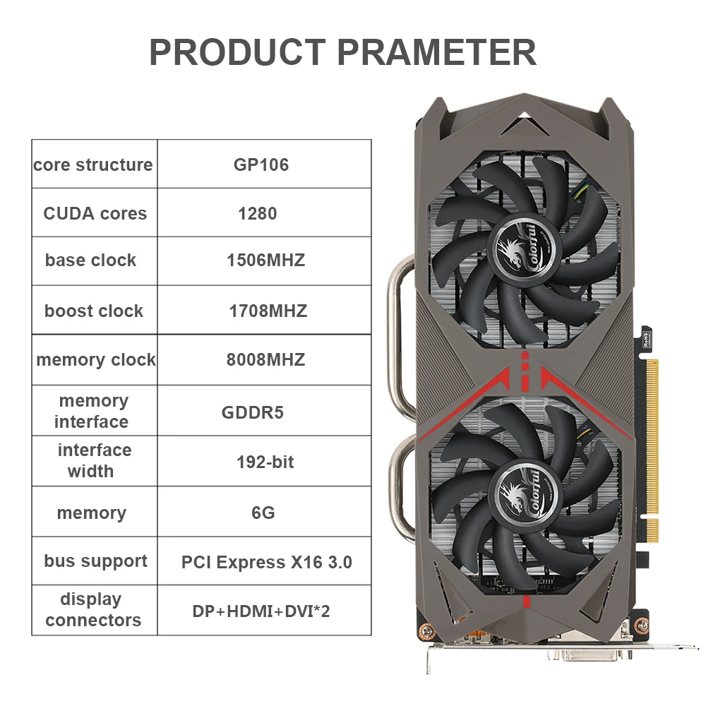 Красочная видеокарта GeForce GTX 1060 GPU 6GB 192bit Esport Gaming GDDR5 6144M PCI-E X16 3,0 VR Ready с 2 вентиляторами охлаждения