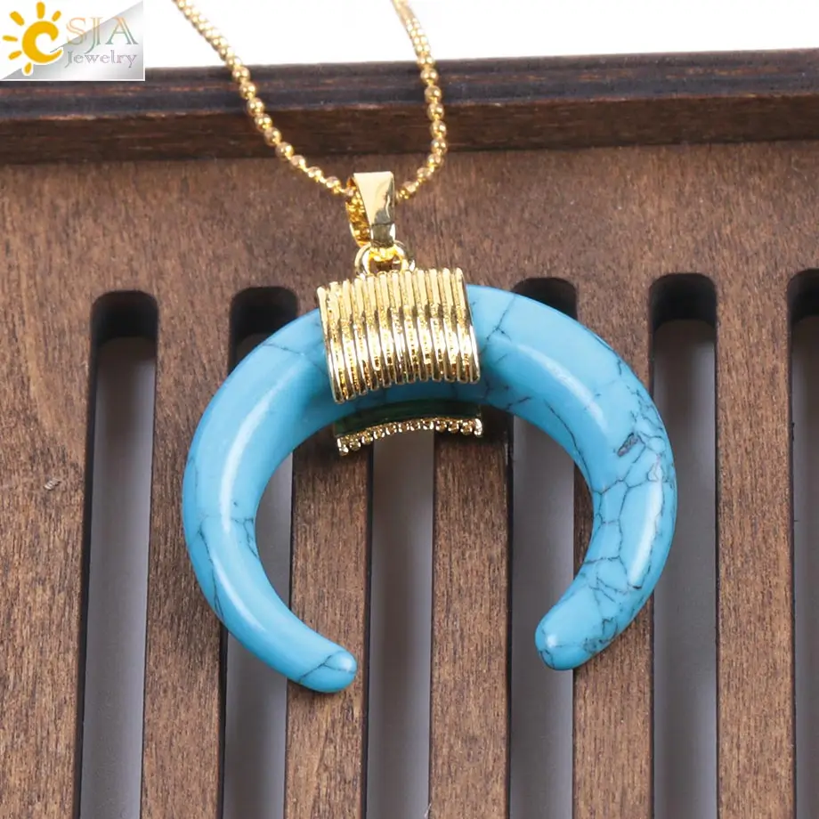 CSJA Новая мода натуральный камень полумесяц половина лунное ожерелье, подвесное ожерелье с цепочкой золотого цвета проволока обернутая для женщин DIY Ювелирные изделия F063 - Окраска металла: Blue Turquoise
