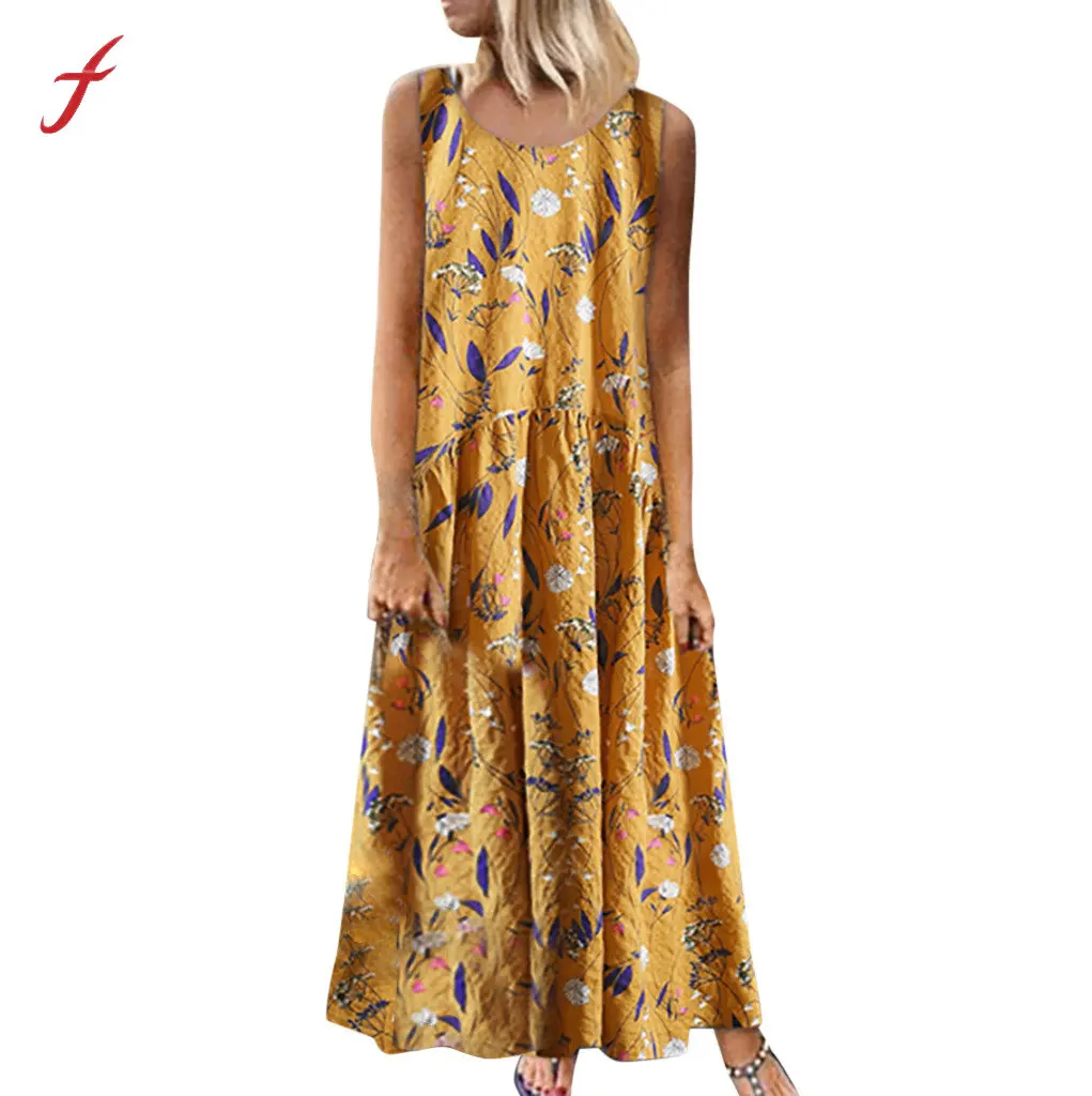 

Feitong Maxi Dress 2019 Office Lady Women Plus Size Bohemian O-Neck Floral Print Vintage Sleeveless Long Maxi Dress Vestido