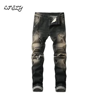 

2019 New Men's Hole Repair Slim Stretch jeans Men's Retro Straight Denim pants Men's Casual trousers More Size 28-40 42