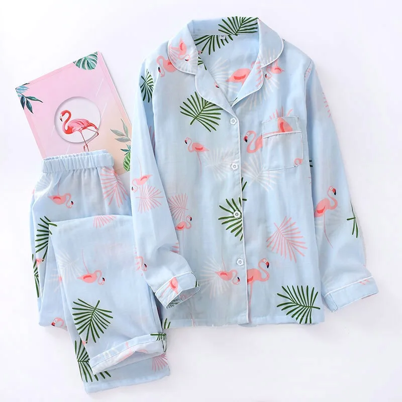 Новые весенние женский пижамный комплект Фламинго печатных 100% марли хлопок для женщин Комфорт Тонкий домашний комплект с длинным рукавом +