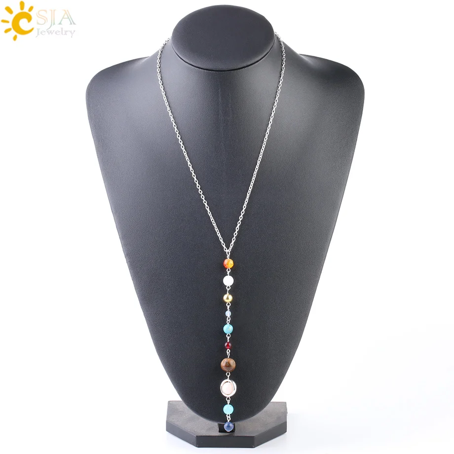 

CSJA 66cm Universe Eight Planets Beads Long Necklace for Women Solar System Jewelry Natural Stone Galaxy Suspension Pendant S239