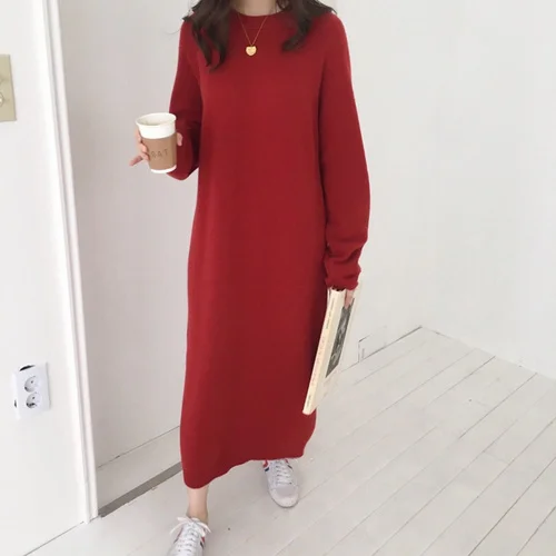 Pull Femme2019 осенне-зимний женский длинный свитер с длинным рукавом, Женский пуловер, прямой вязаный однотонный корейский свитер размера плюс - Цвет: red