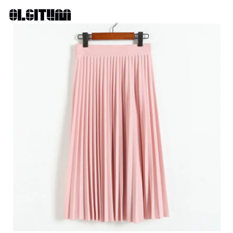 

New Fashion Spring/Autumn 2018 Women High Waist Pleated Half Length Solid Color Elastic Skirt Female Black Pink Gray